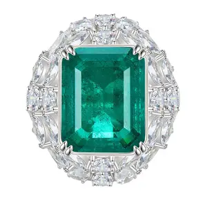 [vvjewelry] vv1701 The new style rich lady's happy luxury simulation emerald ring 12*15mm live burst high carbon diamond 925 sterling silver ring