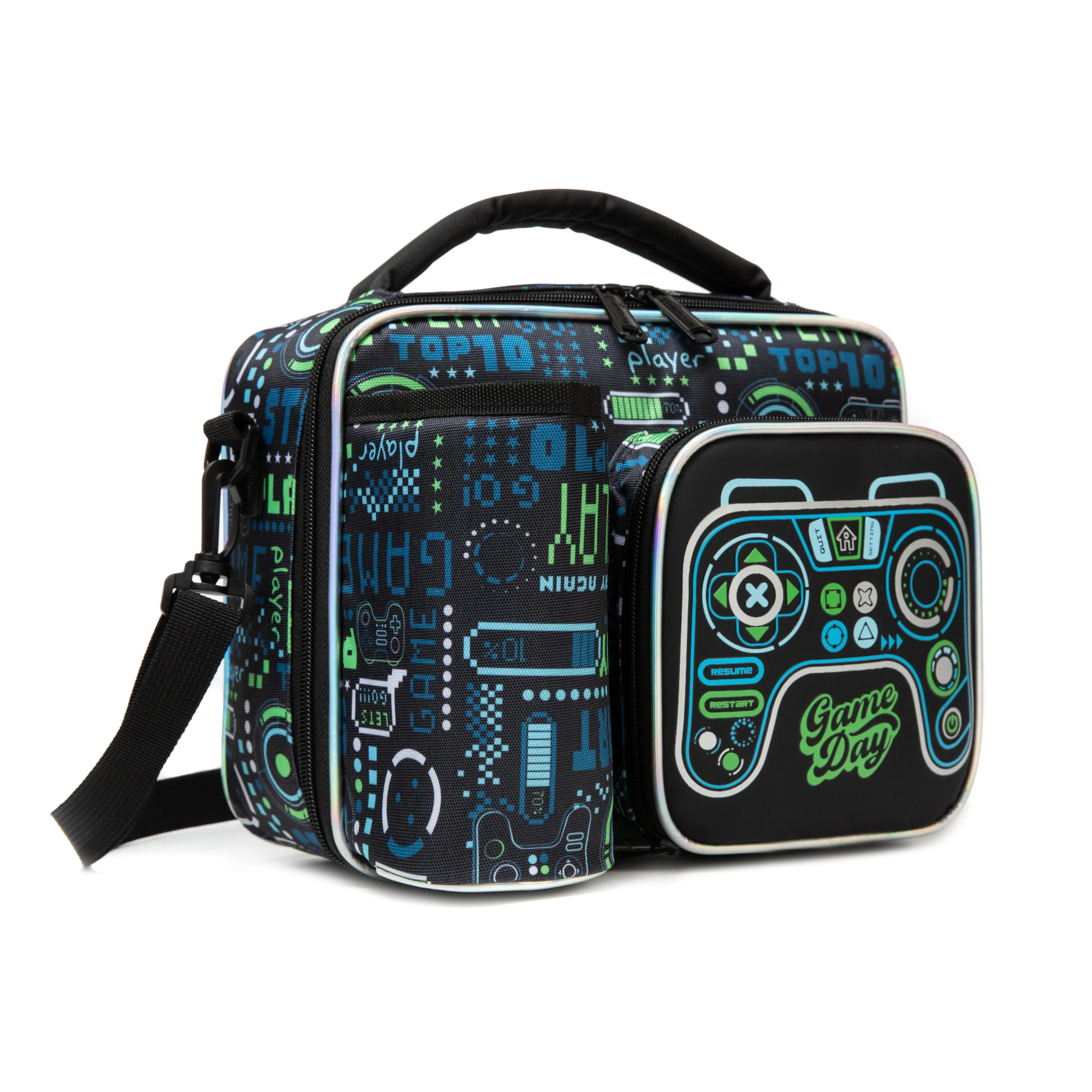 Boys' Toddler-Fit Polyester Gaming Lunch Cooler Bag - Neon Cyber Crossbody, 3D Gamepad Pocket, 3D Controller Design, Dual-Zip Zipper, Water Bottle Holder, Water Resistant, Reusable Leakproof Thermal Portable Fabric Bag for School