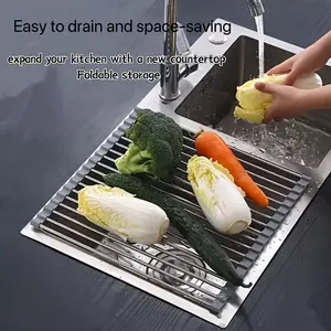 Foldable Stainless Steel Sink Drain Rack, Rollable Dish Drying Organizer, Space-saving Heavy Duty Kitchen Water Drainer for Dishes Fruits Sponges & Cloths