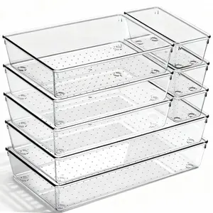8 Pack Drawer Organizer for Kitchen Gadgets, Large Clear Plastic Drawer Divider for Kitchen Accessories, Bathroom Organizers and Storage, Home Essentials for Makeup and Vanity Accessories