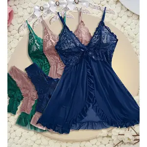 [Sexy Lingerie Set] 3pcs Sexy Lingerie Set For Women | Red Blue Black Net Fabric Nightgown, Strap Nightgown - Suitable For Home, Hotel, Valentine's Day