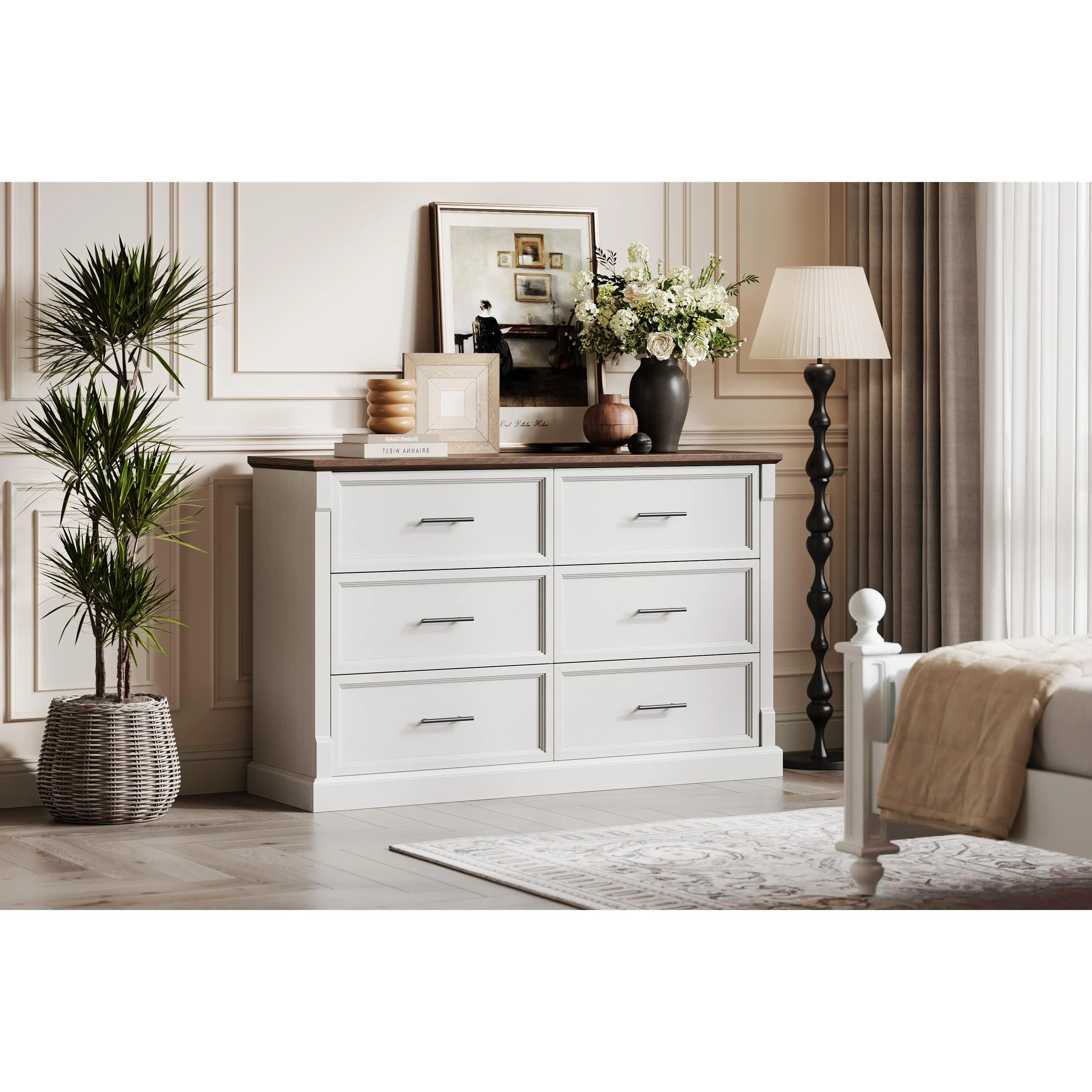 Garvee Farmhouse Style 6-Drawer Dresser – Wide Rustic Wooden Chest with Metal Handles, Multi-Purpose Storage for Bedroom, Living Room, Hallway & Closet, Brown & Grey, Space-Saving Design