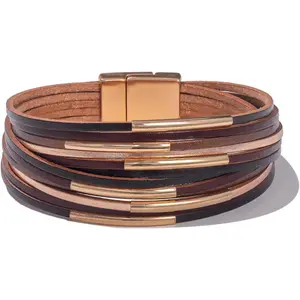 FANCY SHINY Boho Leather Bangle Bracelets Stackable Noodle Tube Bracelets Layered Wrap Cuff Bracelets with Magnetic Clasp