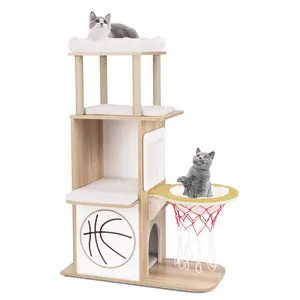 COSTWAY - 47 Inches Wooden Cat Tree with 2-Story Cat Condo and Basketball Hoop Hammock-Natural