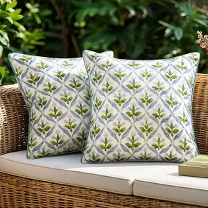 Outdoor  Throw Pillow Covers Block Print Pillowcases Boho Floral Accent Decorative Cushions for Patio Funiture Garden Couch Bench Set of 2, 18x18 Inch, Blue-Green