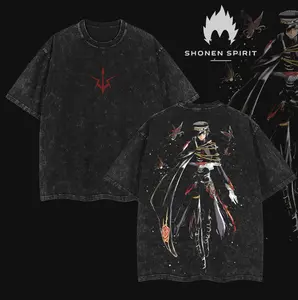 Emperor Lelouch Code Geass Vintage Washed Heavyweight Cotton T-Shirt | Double Printed Oversized Anime Graphic Tee | Flat Print Black/Gray Streetwear | Epic Anime Lover Gift for Father's Day 2026