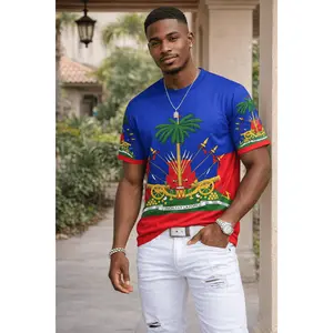 Men’s Haitian Flag T-Shirt – Palm Tree Graphic Short Sleeve Casual Tee (Regular Fit)