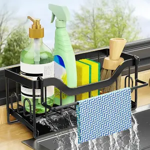 Kitchen Sink Organizer Stainless Steel Sponge Holder with Automatic Drainage Tray and Detachable Rag Rack
