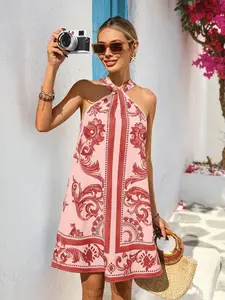 Women's Vacation Floral Halter A-Line Sun Dress - Casual Beach Holiday Summer Outfit