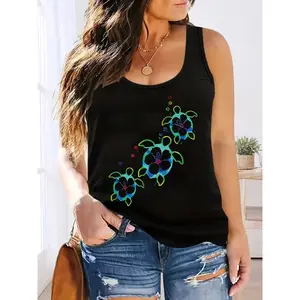 Vacation Style Women'S Crew Neck Off-Shoulder Top with Turtle Pattern | Beach Tank Top, Regular Length, All-Season