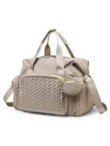 splicing texture woven texture handbag, Lightweight Mommy Bag, multifunctional large capacity travel bag with small bag pendant, multi zipper pocket design, suitable for outdoor play and short distance travel, Fashion Crossbody Handbag