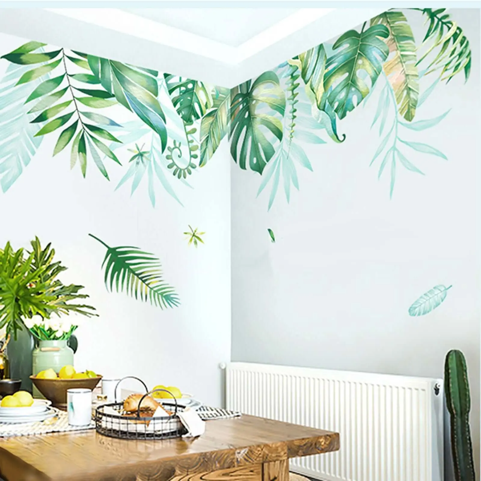 Green Tropical Assorted Hanging Leaves Wall Decals - Peel-and-Stick Removable Plant Decorative Stickers, Tiles Sticker, Adhesive Film Murals, Artistic Murals, Vinyl Wall Stickers, Accent Wall