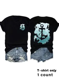 Women's Anchor Print Round Neck Tee, Casual Short Sleeve Crew Neck T-shirt for Summer, Ladies Clothes for Daily Wear