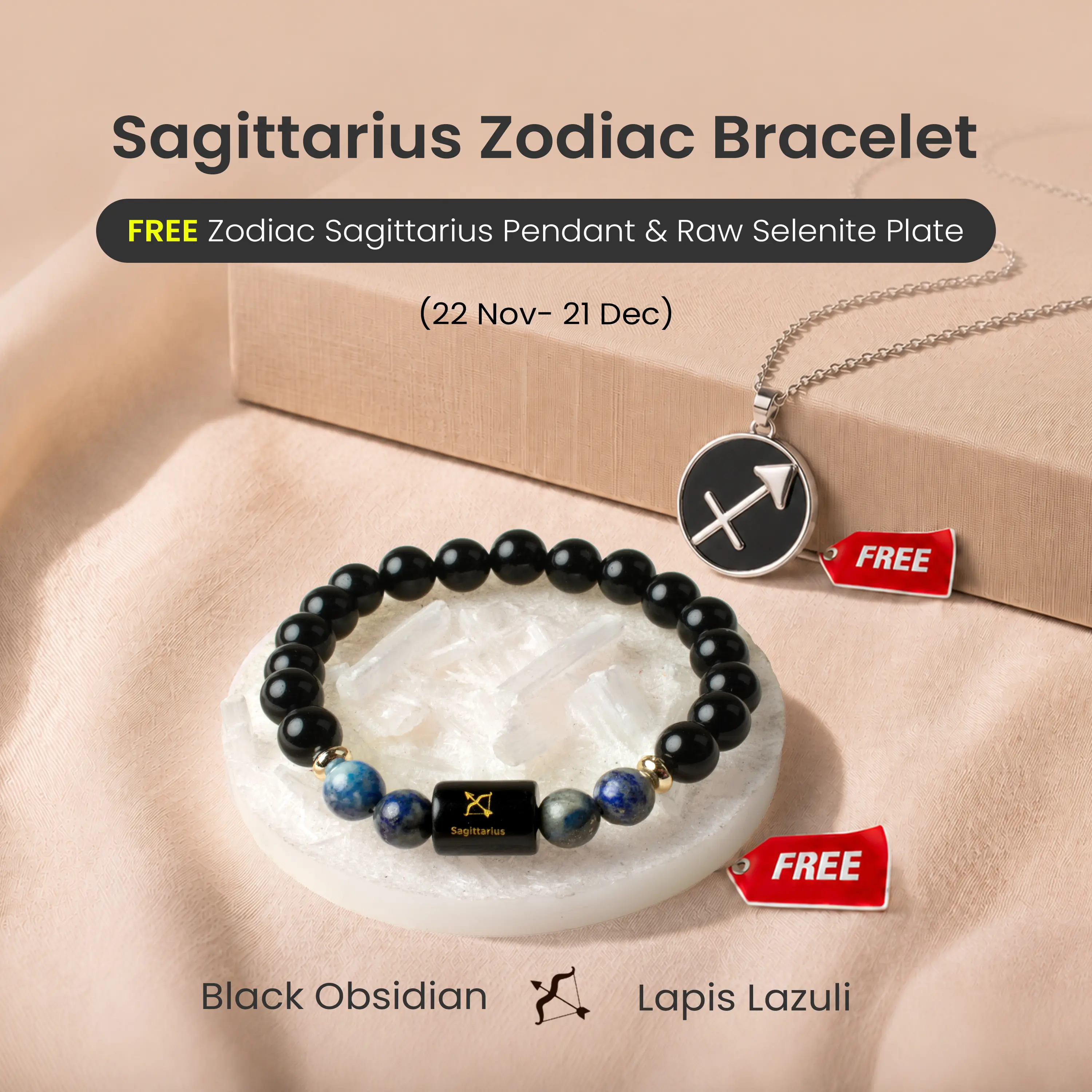 Astrotalk Black Obsidian & Lapis Lazuli Sagittarius Zodiac Bracelet for restore focus & direction | FREE Sagittarius Pendant & Raw Selenite Plate for Crystal Charging | Daily Wear Jewellery | Certified Authentic | Perfect Gift for Sagittarians