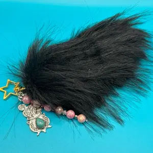 Black Faux Foxtail Pendant Keychain with Star Charm and Beaded Accents for Stylish Accessory