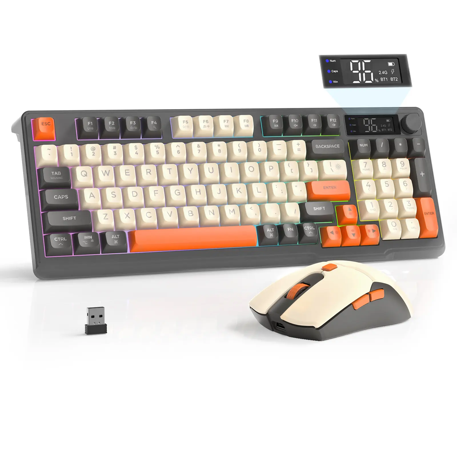 FREEWOLF T96 Wireless Gaming Keyboard and Mouse Combo - 94-Key Rainbow Backlit Membrane Keyboard with Smart Display, Knob, 2000mAh Rechargeable Battery, Silent; 6-Button 4KDPI Mouse for Win/Mac