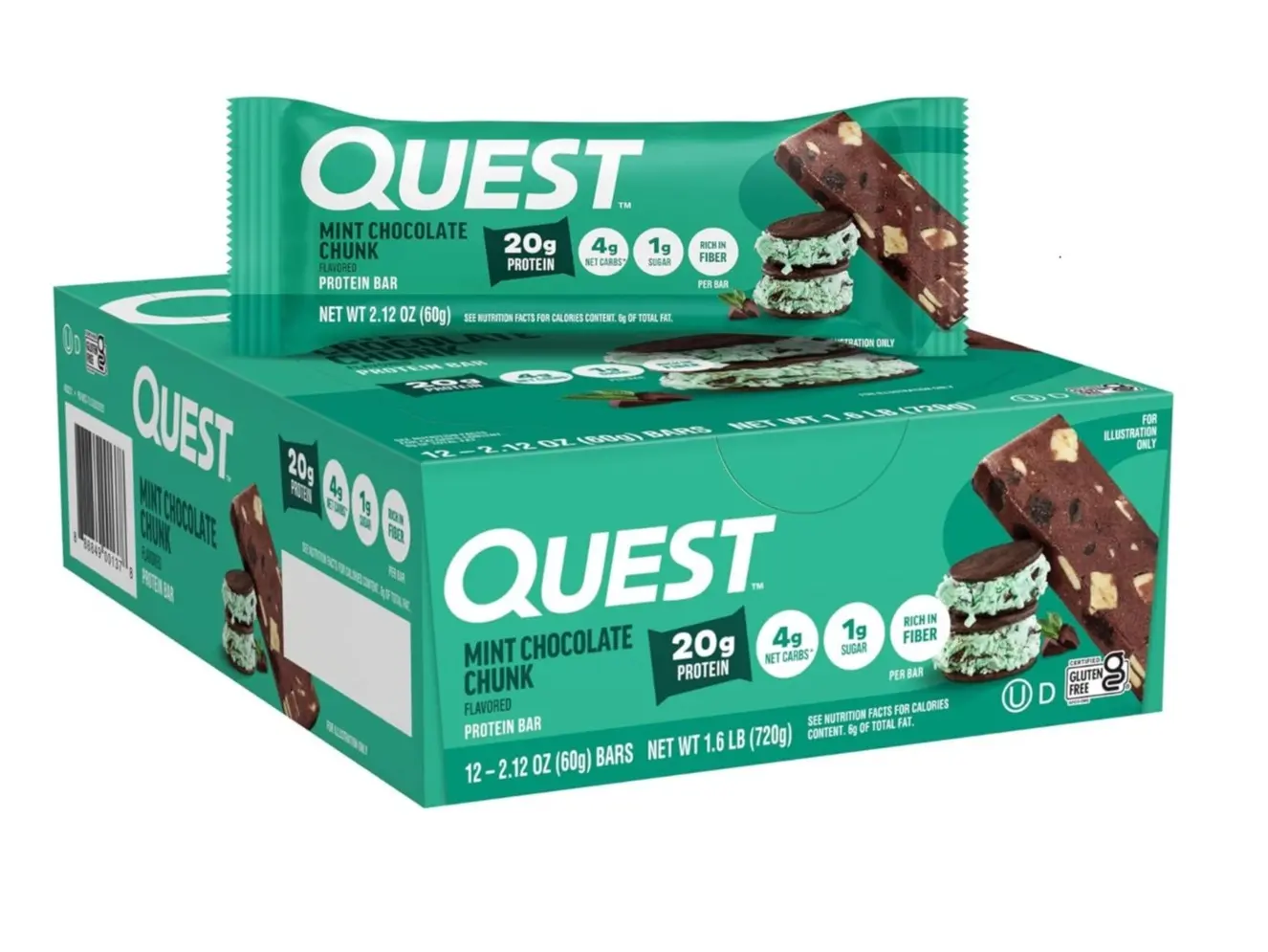 Quest Nutrition Mint Chocolate Chunk Protein Bars, 20g Protein, 1g Sugar, 4g Net Carb, Gluten Free, Keto Friendly, 12 Count