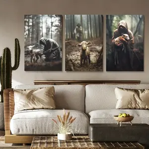 3pcs Jesus& Lamb Canvas Wall Art - Christian Wall Decor, Running After Lost Lamb Ready To Hang Wooden Frame - For Home & Church Decor -  Suitable for Religious Spaces - Perfect Gift for Christians & Religious Individuals