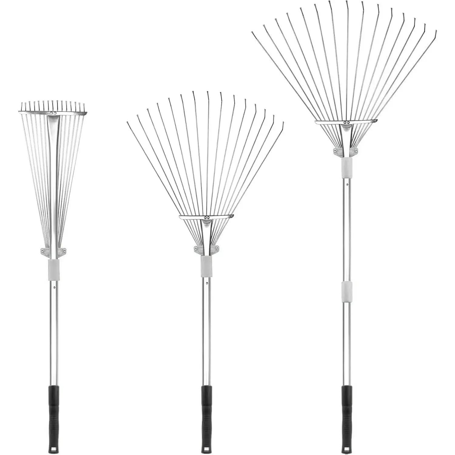 Adjustable Garden Leaf Rake - 24 to 63inch Telescopic Metal Expandable Folding Leaf Rake, Metal Leaf Rake, Suitable for Lawn, Garden, Flower Bed Courtyard Rake, Silver