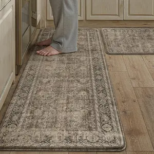 2PCS Anti Fatigue Cushioned Kitchen Mats, Brown Vintage Distressed Non Slip Waterproof Comfort Standing Floor Rugs for Sink Laundry Office, 17.3"x47"+17.3"x30"