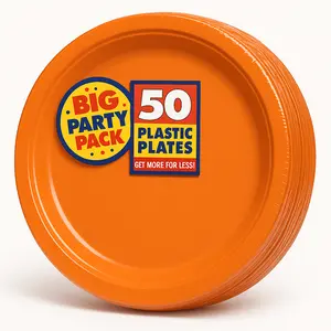 Big Party Pack Round Orange Plastic Dinner Plates, 10-inch, 50 Count