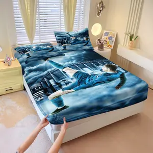 3Pcs Soccer Theme Fitted Sheet Set, Blue Print Bedding Set, Soft Microfiber Fabric, Cozy Breathable, All Season Use, for Bedroom, Dorm, Guest Room, Great for Sports Lovers. Includes 2 Pillowcases, No Pillow Core