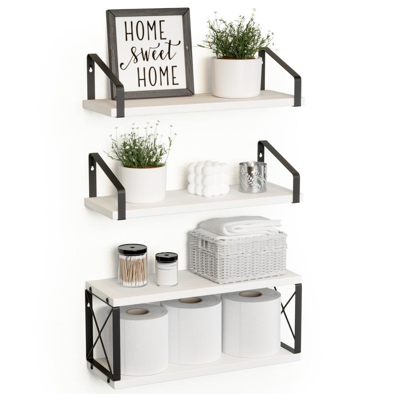 Floating Bathroom Shelves White Multi-Level Storage for Toilet Paper & Wall Decor Flexible Brackets 4 Pcs 15.6x5.7x0.6 Inches Unique Double-Layer X-Structure Metal Frame