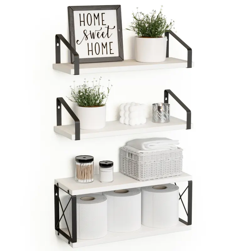 Floating Bathroom Shelves White Multi-Level Storage for Toilet Paper & Wall Decor Flexible Brackets 4 Pcs 15.6x5.7x0.6 Inches Unique Double-Layer X-Structure Metal Frame