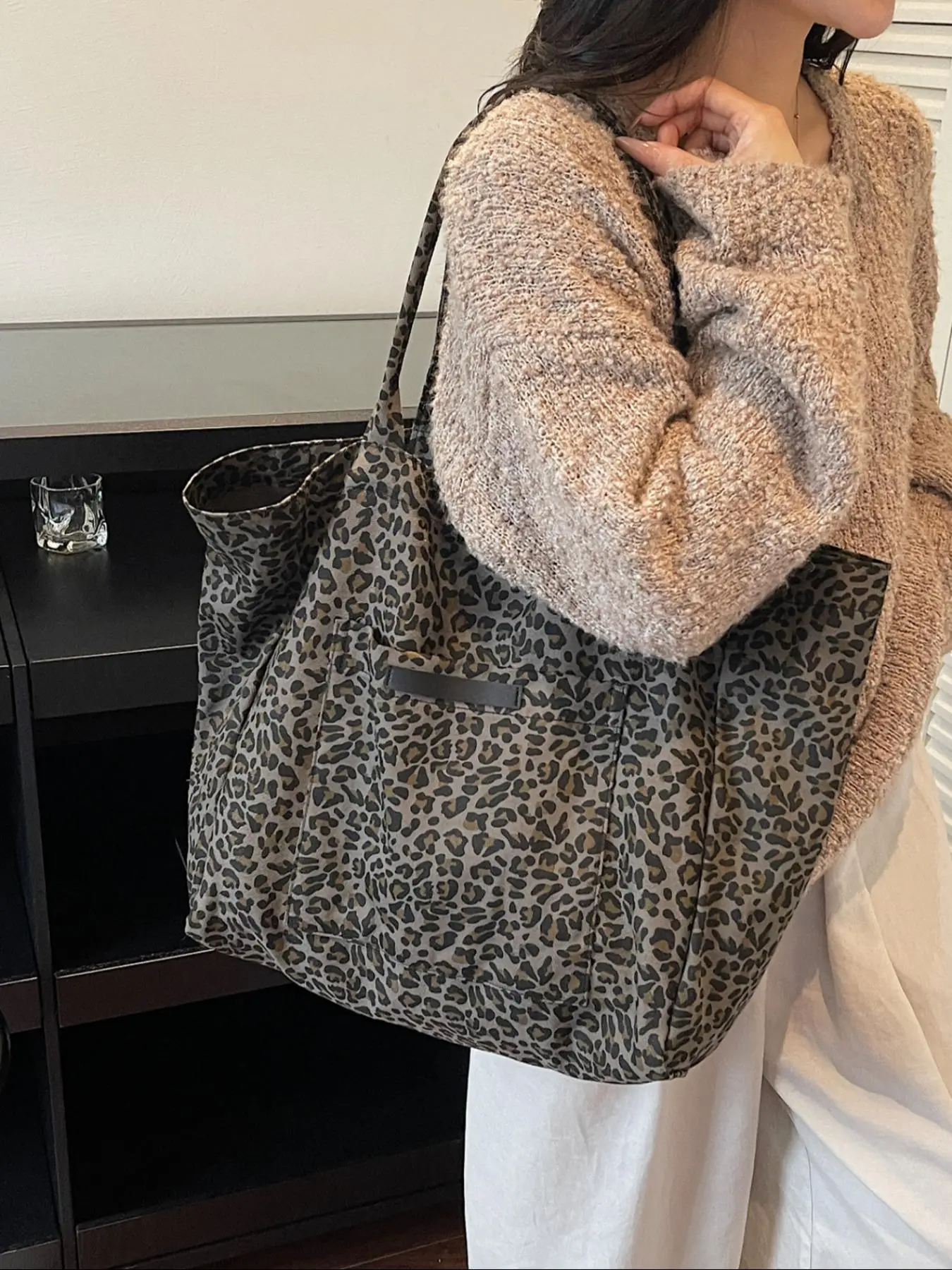 Leopard print shoulder bag with Slouchy Grey Sole, tote bag with large patch pocket, practical bag for daily outing and short trip, Leopard print handbag, Tote Shoulder Bags, Everyday Bags, Shoulder Totes