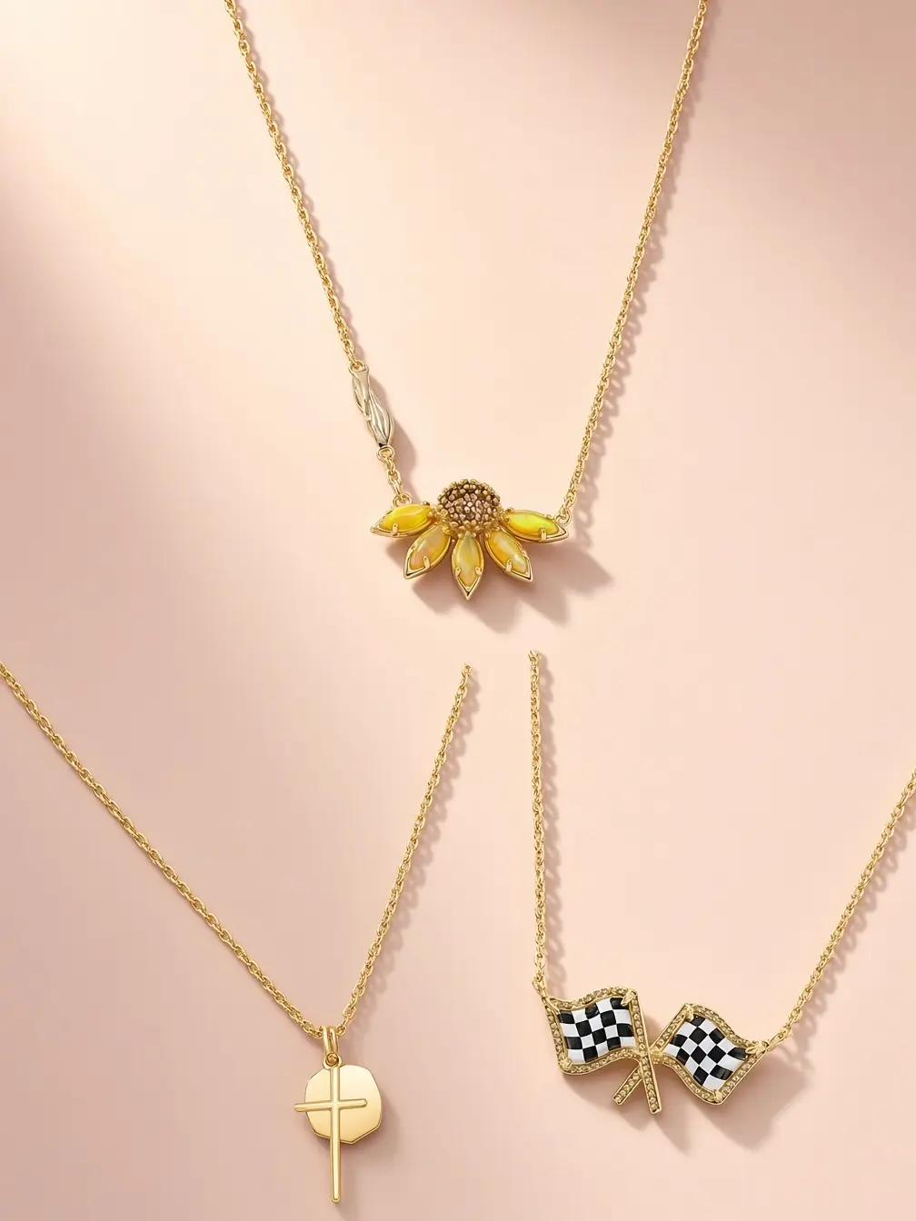 Kendra Scott Gold Pendant Necklace for Women, Flower Checkered Flag Cross Charm Layered Style Necklace, 45cm Short Gold Jewelry Gift