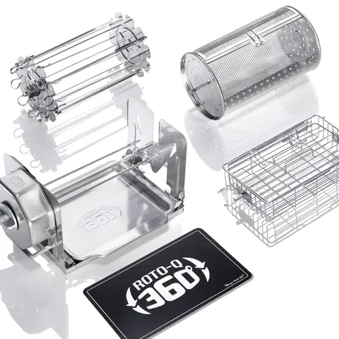 ROTO-Q 360 Family Bundle: Cordless Rotisserie Kit for Grills, Ovens, Smokers - Non-Electric Spit Roaster for Indoor/Outdoor BBQ with Extra Attachments