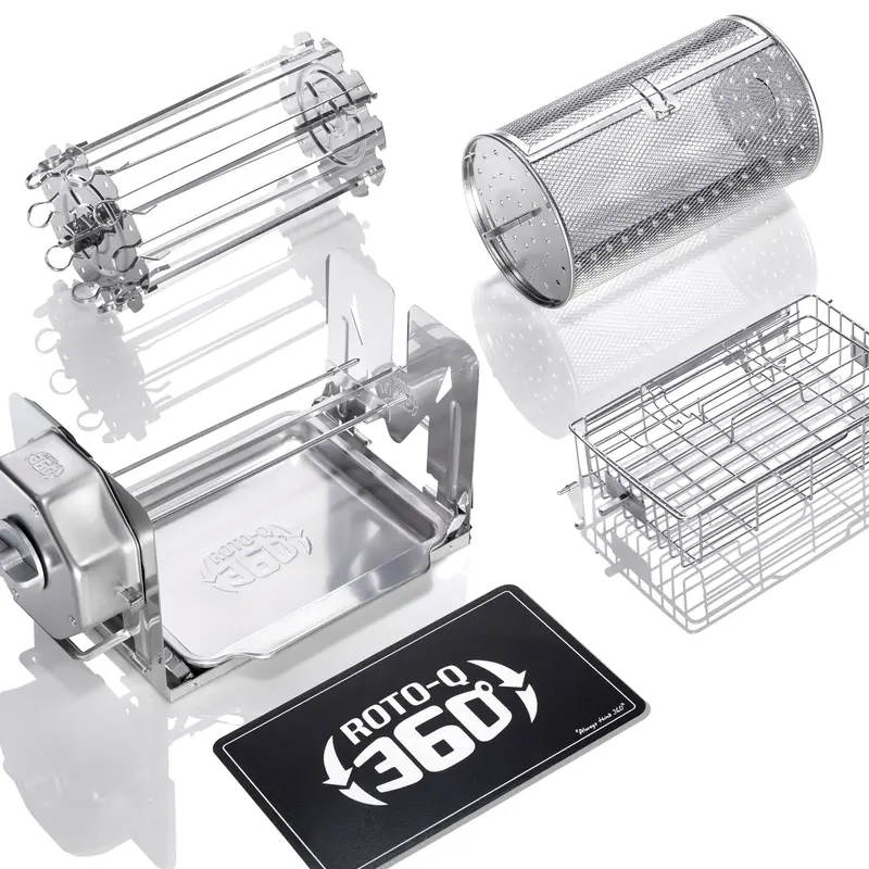 ROTO-Q 360 Family Bundle: Cordless Rotisserie Kit for Grills, Ovens, Smokers - Non-Electric Spit Roaster for Indoor/Outdoor BBQ with Extra Attachments