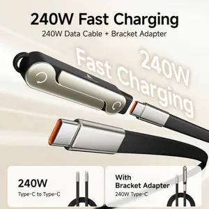 240w Super Fast Charging Cable, 360 Degree Rotating Invisible Stand, Detachable Dual USB Type C Charger Adapter for Apple & Samsung Devices