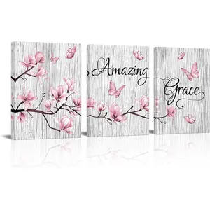 3 Pcs Framed Amazing Grace Quote Gift Canvas Prints Wall Art Elegant Pink Magnolia Flowers With Butterfly Painting Rustic Grey Farmhouse Wooden Background Picture For Living Room Bedroom Bathroom, 12L" X 16H"