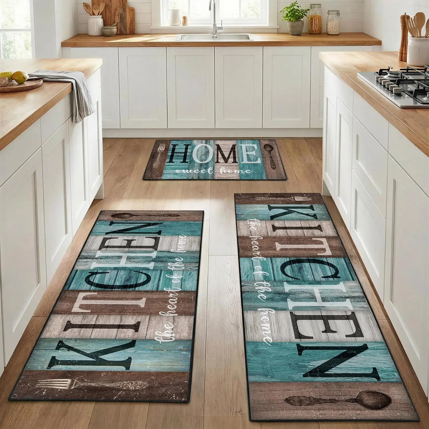 Turquoise Teal Kitchen Rugs Sets of 3, Non Slip Washable  Kitchen Mats for Floor, Wooden  Rustic Area Runner Rug for Laundry Room and Hallway