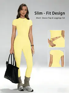 Women's Two-Piece Set Short Sleeve Top and High Waist Tight Pants, Slim Fit Sports Wear, Yoga Outfit, Yoga Fitness Home