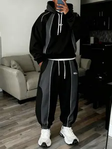 Unisex Street Style 2-Piece Set, Colorblock Fleece Hoodie & Trendy Pants, Casual Warm Function Wear, Couples Fashion，Suitable for streetwear, casual wear, high street culture, trendy street style, hip-hop and rap