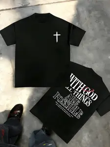 'Oversized T-Shirt' "WITH GOD ALL THINGS ARE POSSIBLE" Cross & Religious Slogan Double-Sided Print | Edgy Faith Streetwear Aesthetic | Unisex OOTD Essential | TikTok Viral Y2K Casual Daily Wear Statement Top for Men Women 2026 Spring New Drop