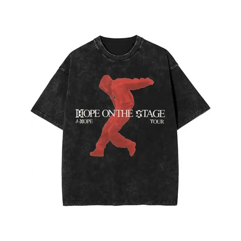 Trendy J-Hope "Hope On The Stage" Concert Graphic T-Shirt - Vintage Washed Cotton Tee for Men & Women, Black with Red Print, Casual Harajuku Style, Machine Washable, Concert Tshirts Round Neck Jersey