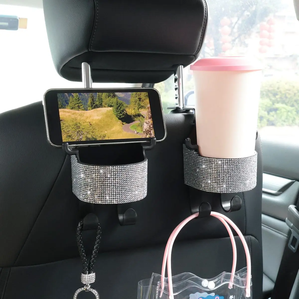 Rhinestone Decor Car Seat Back Storage Box, Car Seat Back Organizer, 2 in 1 Car Headrest Hanging Hook with Cup Holder, Car Interior Accessories for Women & Men