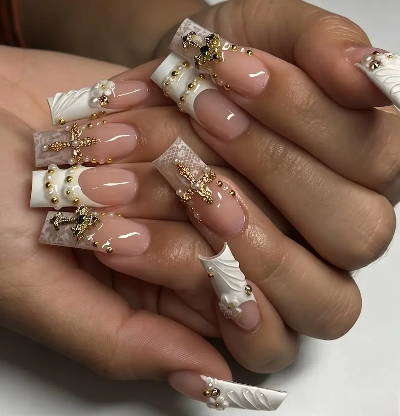 White Lace French Press-On Nails | Gold Pearl, 3D Cross Charms & Long Square Style
