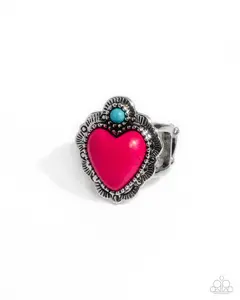 Texas Ranger - Pink Stone Heart Turquoise Silver Ring - Paparazzi