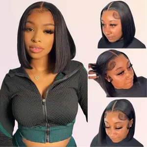 Uolova Straight Bob Wig Human Hair 13x4 HD Frontal Lace Wig 150% Density Short Bob Wigs for Women Glueless Bob Lace Front Wigs Human Hair Pre Plucked Natural Black Color