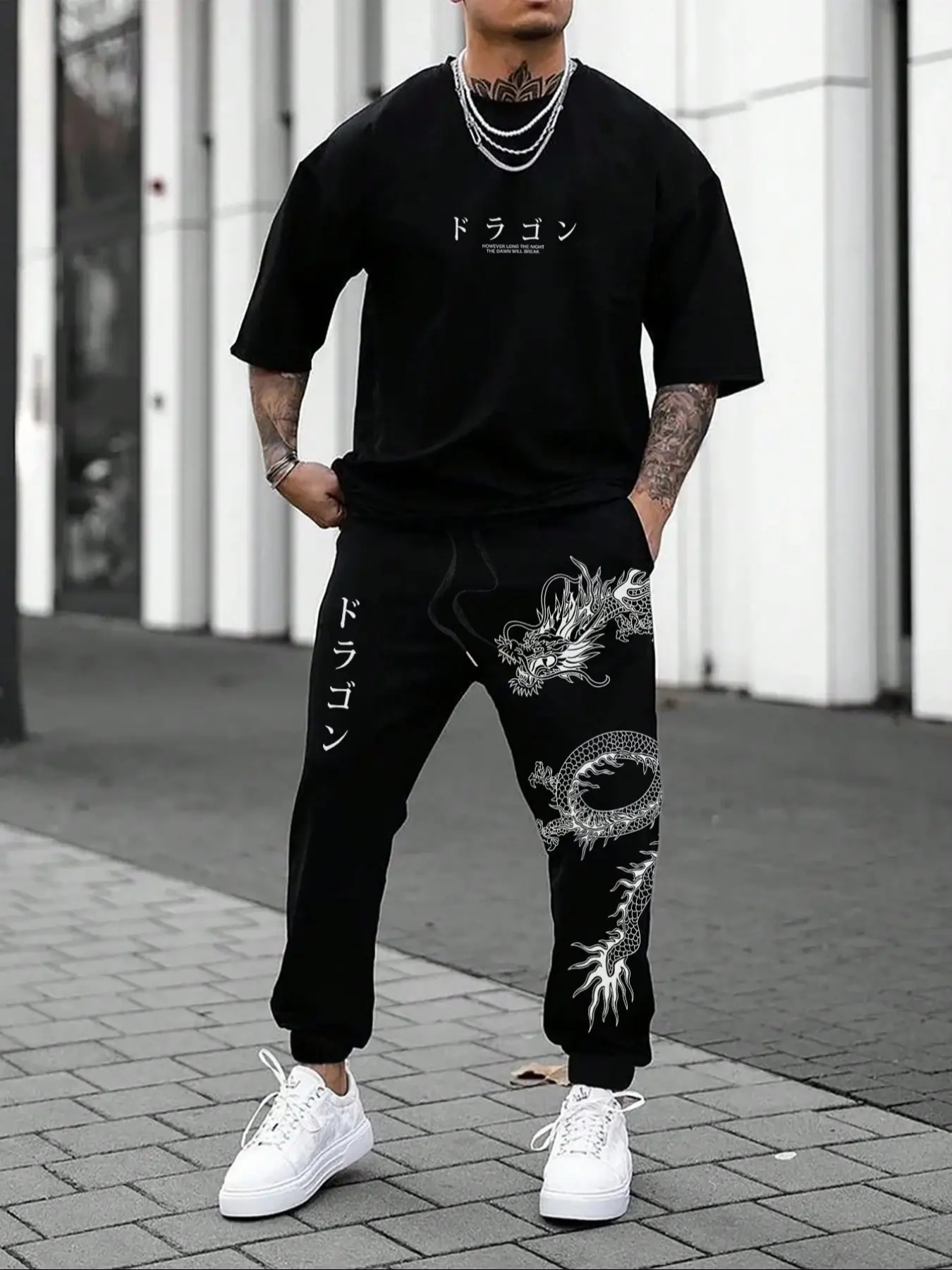 Men's All Season Thin 2 Piece Outfits, Japanese Dragon Letter Print Short Sleeve T-Shirt & Jogger Pants Set, Casual Tracksuit for Commute, Street, Camping, Travel & Home Daily Wear