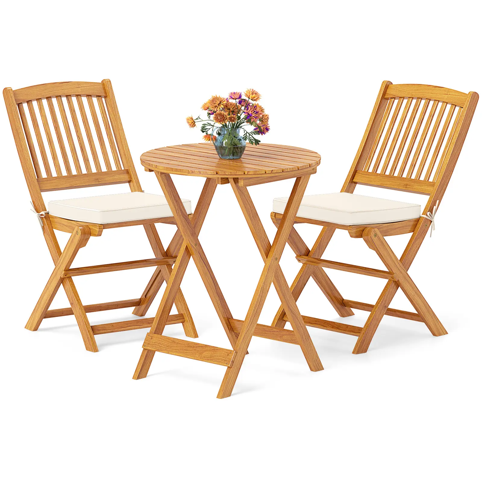 COSTWAY - 3 Pieces Acacia Wood Patio Folding Bistro Set with Soft Cushions-Beige COSTWAY - 3 Pieces Acacia Wood Patio Folding Bistro Set with Soft Cushions-Beige