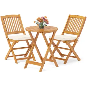 COSTWAY - 3 Pieces Acacia Wood Patio Folding Bistro Set with Soft Cushions-Beige