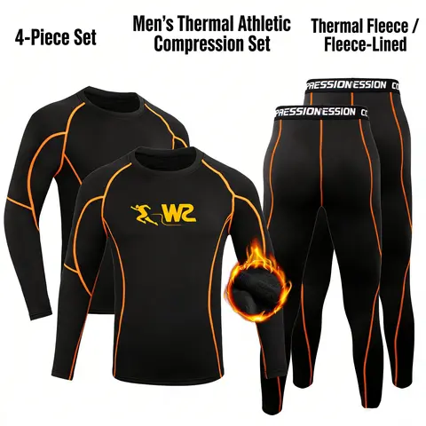 Men's 4-Piece Fleece-Lined Thermal Underwear Base Layer Set - Black, Long Sleeve Shirt, Minimalist, Full Body Contour, Moisture-Wicking, Quick-Drying, Insulating Compression Activewear for Severe Winter Gym Sessions, Minimalist Men's Sports Thermal Underw