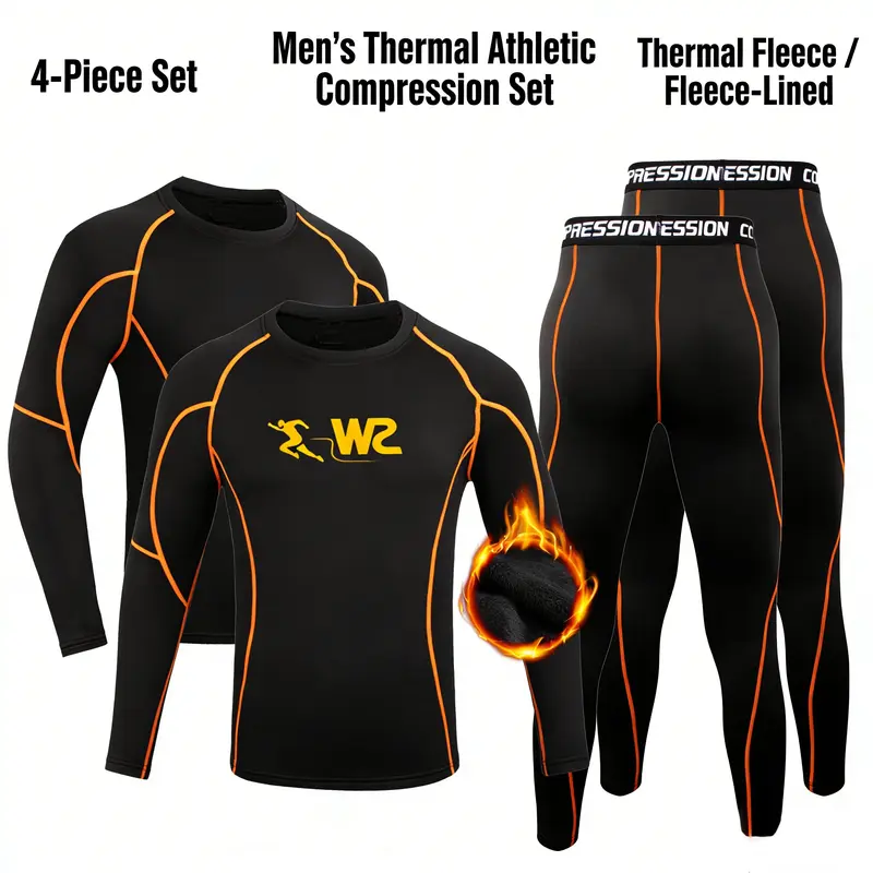 Men's 4-Piece Fleece-Lined Thermal Underwear Base Layer Set - Black, Long Sleeve Shirt, Minimalist, Full Body Contour, Moisture-Wicking, Quick-Drying, Insulating Compression Activewear for Severe Winter Gym Sessions, Minimalist Men's Sports Thermal Underw