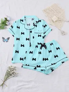 Women's Bow Tie Printed Shirt & Shorts Pajama Set, Casual Comfortable Short Sleeve Sleepwear, Summer Ladies Loungewear, Pajamas Lounge Set