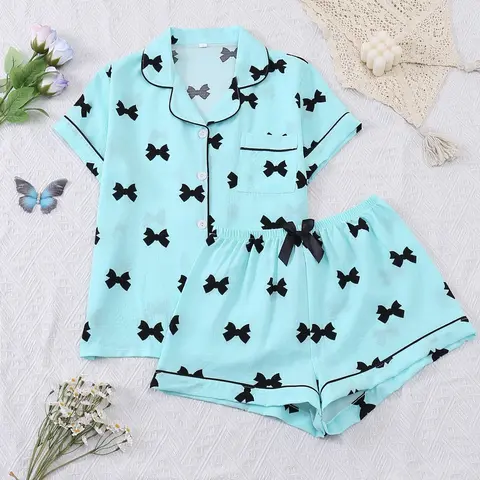 Women's Bow Tie Printed Shirt & Shorts Pajama Set Pjs, Matching Pj Set, Casual Comfortable Short Sleeve Sleepwear, Summer Ladies Loungewear, Casual Comfy Pyjama